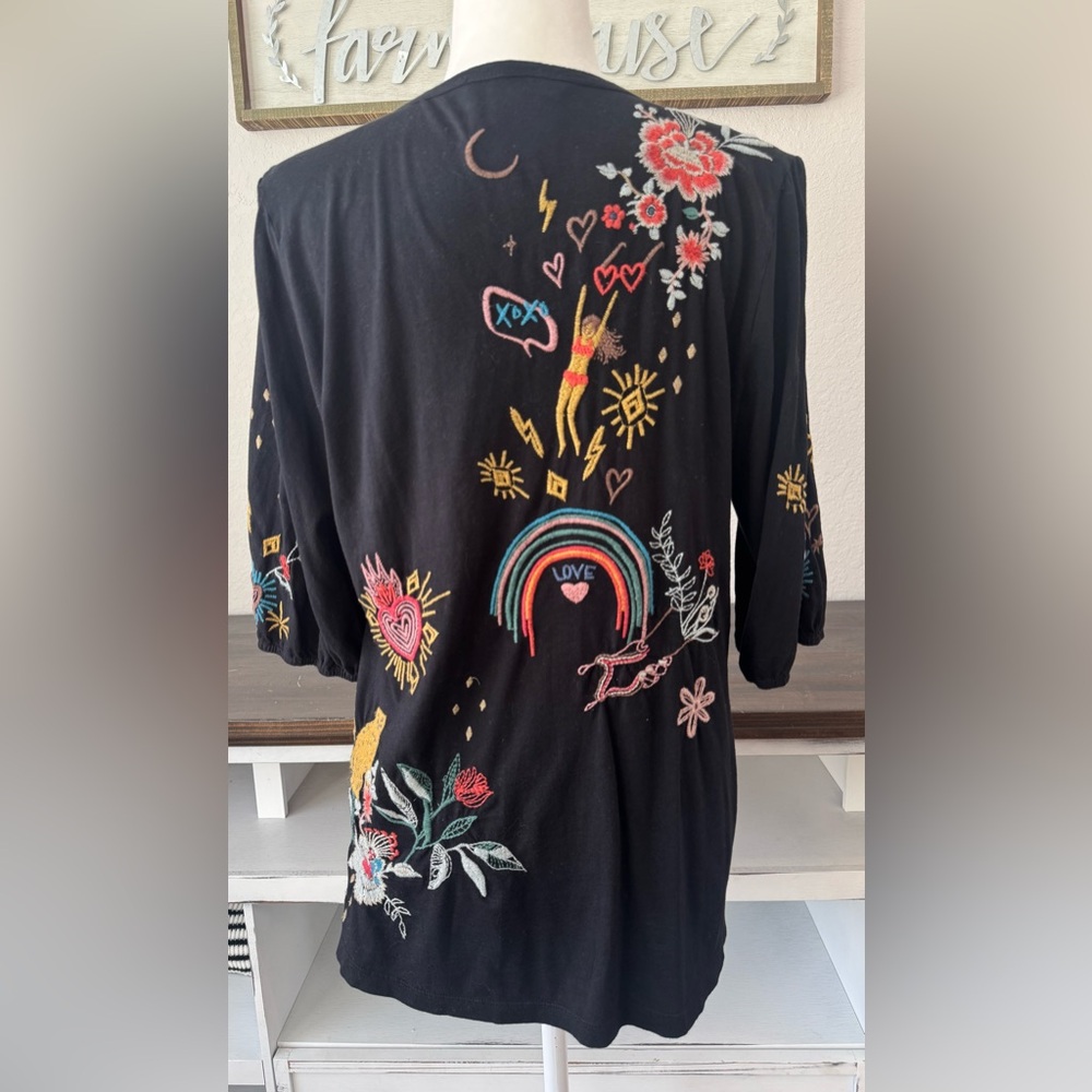 Johnny Was Ruth Puff Sleeve Embroidered Floral Tee Top Women's Size S 1 - Picture 7 of 10